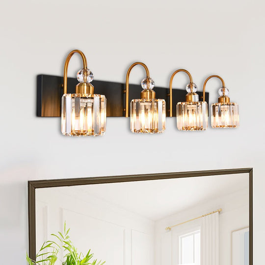 Pendantlightie-Modern Bathroom Vanity Light With Glass Crystal Accent-Wall Light-Black+Gold-4 Lt
