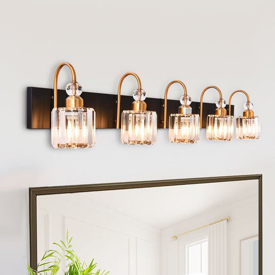 Pendantlightie-Modern Bathroom Vanity Light With Glass Crystal Accent-Wall Light-Black+Gold-5 Lt