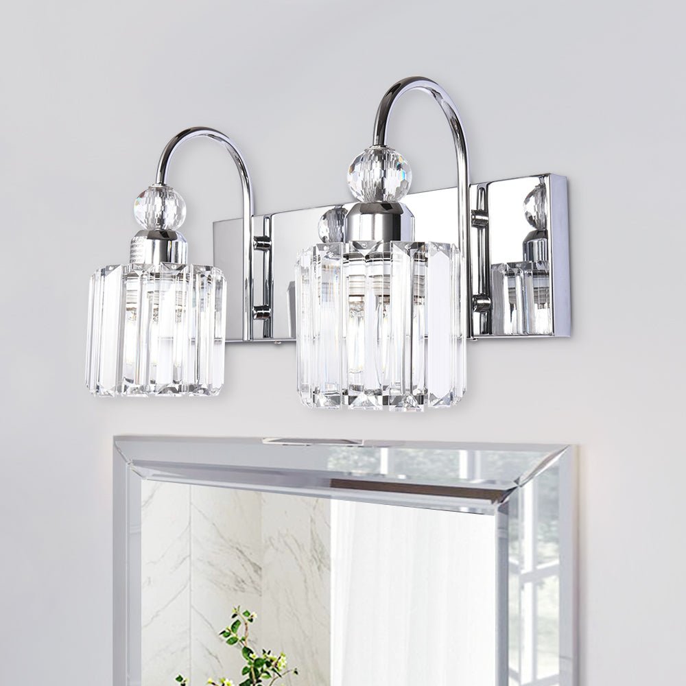 Pendantlightie-Modern Bathroom Vanity Light With Glass Crystal Accent-Wall Light-Chrome-2 Lt