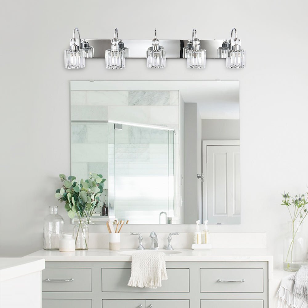 Pendantlightie-Modern Bathroom Vanity Light With Glass Crystal Accent-Wall Light-Chrome-5 Lt