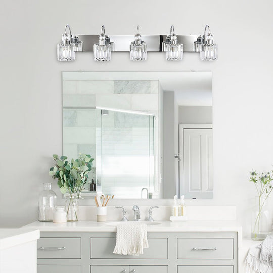 Pendantlightie-Modern Bathroom Vanity Light With Glass Crystal Accent-Wall Light-Chrome-5 Lt