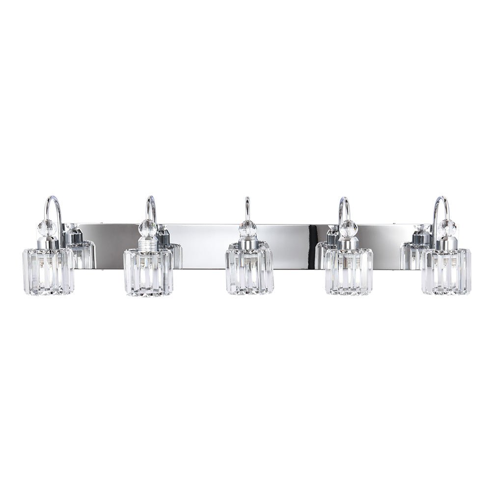 Pendantlightie-Modern Bathroom Vanity Light With Glass Crystal Accent-Wall Light-Chrome-5 Lt