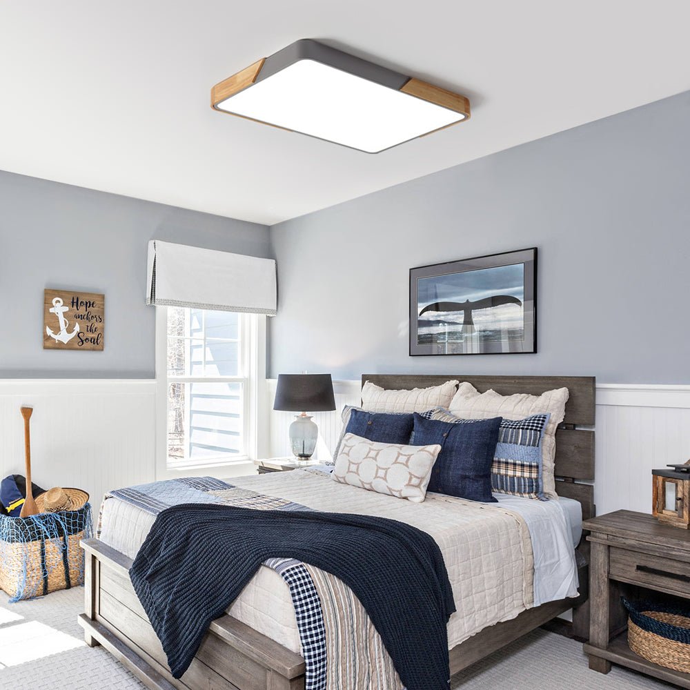 Pendantlightie-Modern Dimmable Rectangle Led Ceiling Light With Wood Accents-Flush Mount-Gray-
