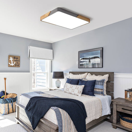 Pendantlightie-Modern Dimmable Rectangle Led Ceiling Light With Wood Accents-Flush Mount-Gray-