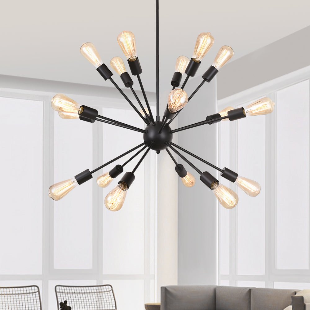 Pendantlightie-Modern Mid-Century 18-Light Black Sputnik Light-Chandeliers--