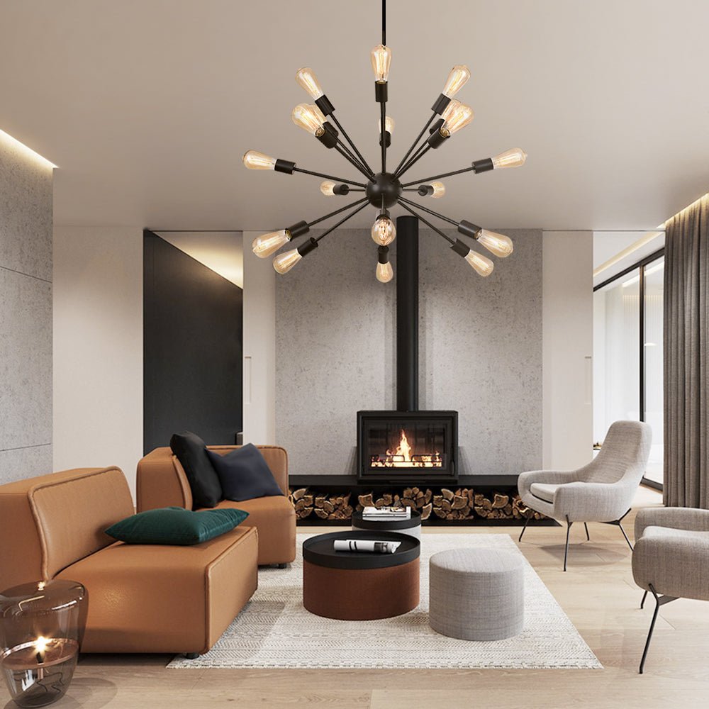 Pendantlightie-Modern Mid-Century 18-Light Black Sputnik Light-Chandeliers--