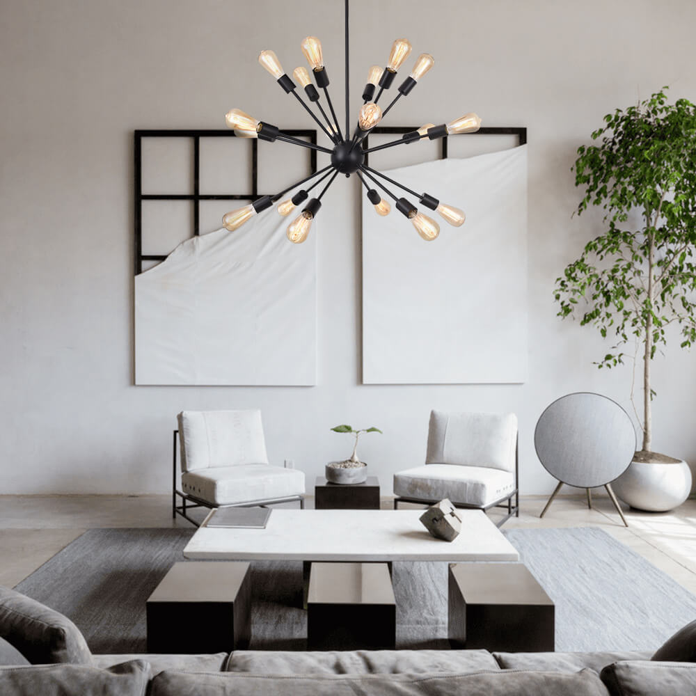 Pendantlightie-Modern Mid-Century 18-Light Black Sputnik Light-Chandeliers--