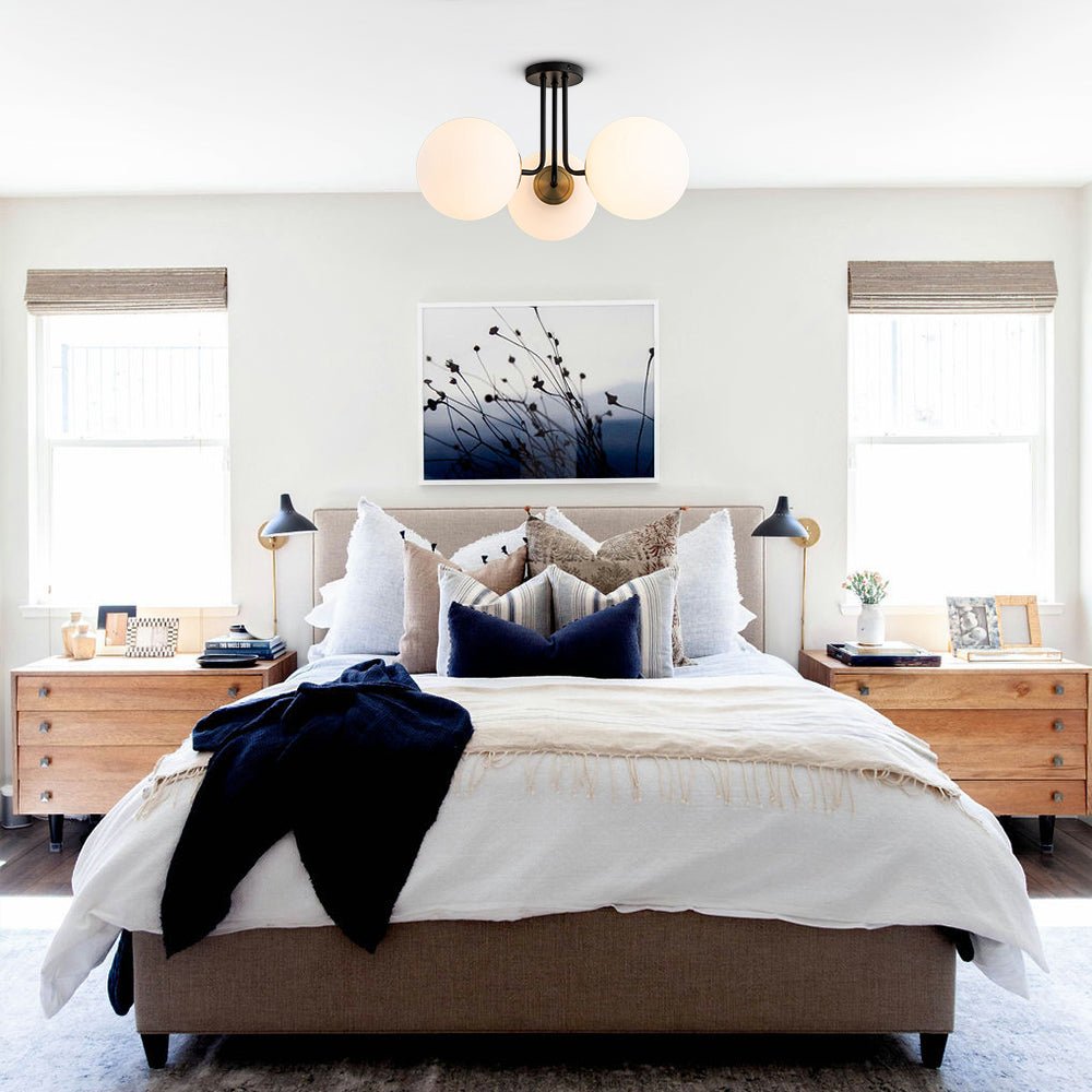 Pendantlightie-Modern Mid-Century 3-Light Sputnik Glass Semi Flush Mount-Semi Flush Mount-Black+Brass-