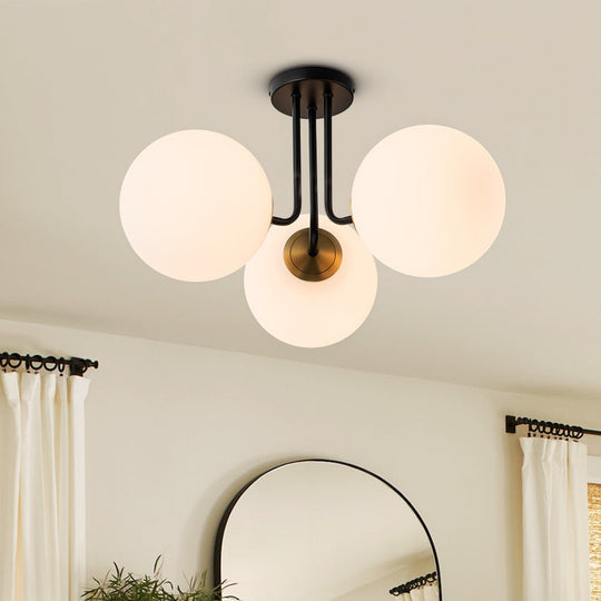 Pendantlightie-Modern Mid-Century 3-Light Sputnik Glass Semi Flush Mount-Semi Flush Mount-Black+Brass-