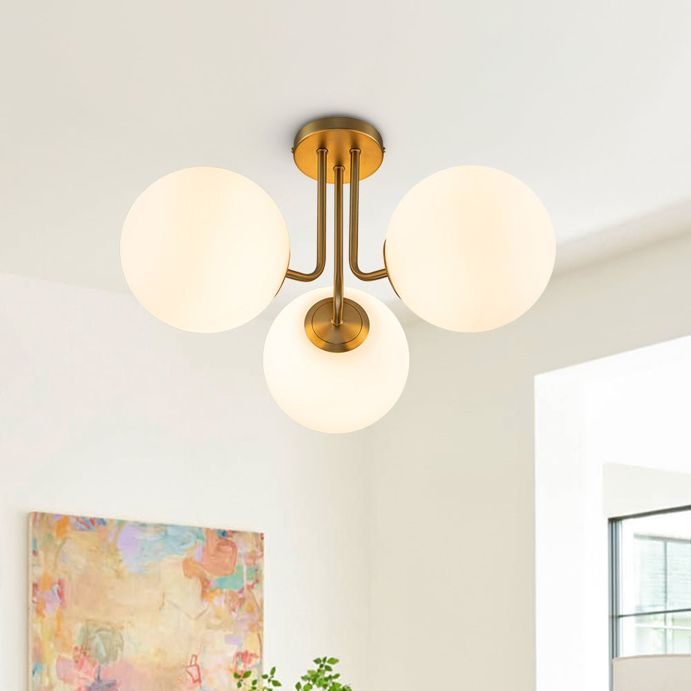 Pendantlightie-Modern Mid-Century 3-Light Sputnik Glass Semi Flush Mount-Semi Flush Mount-Brass-