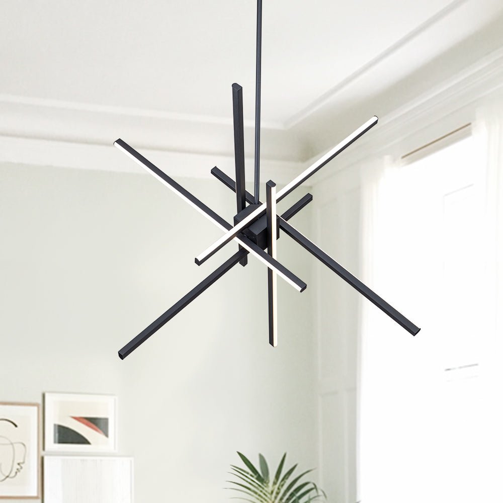 Pendantlightie-Modern Mid-Century 6-Light Linear Led Sputnik Chandelier-Chandeliers-Black-