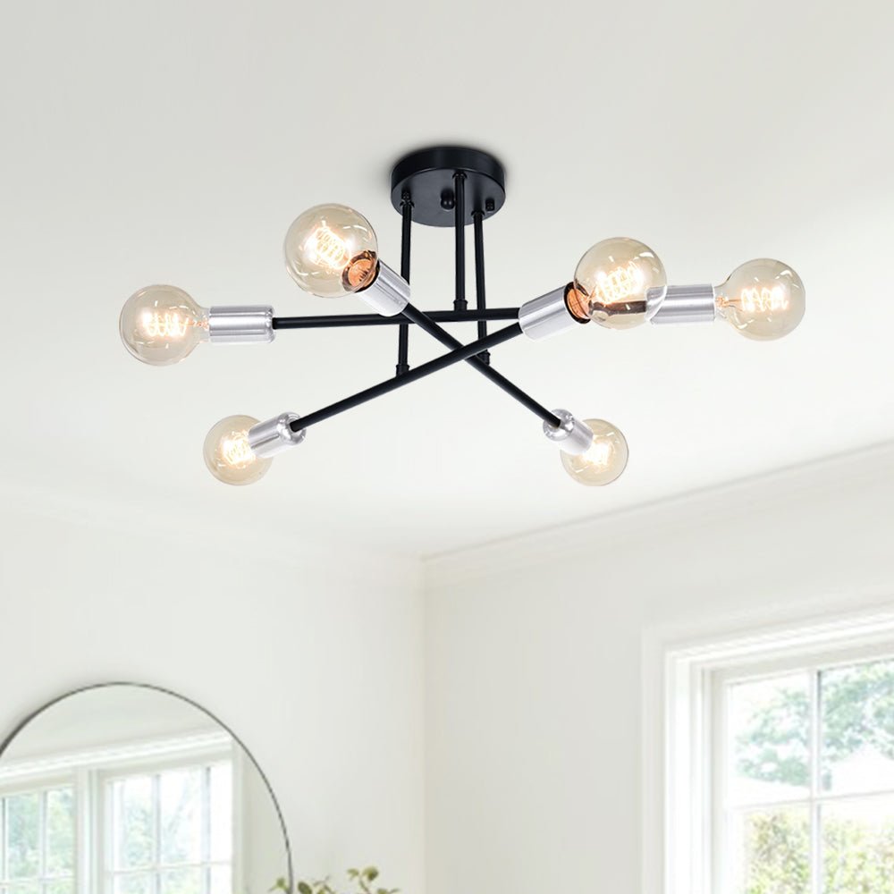 Pendantlightie-Modern Mid-Century 6-Light Sputnik Semi Flush Mount-Semi Flush Mount-Black+Chrome-