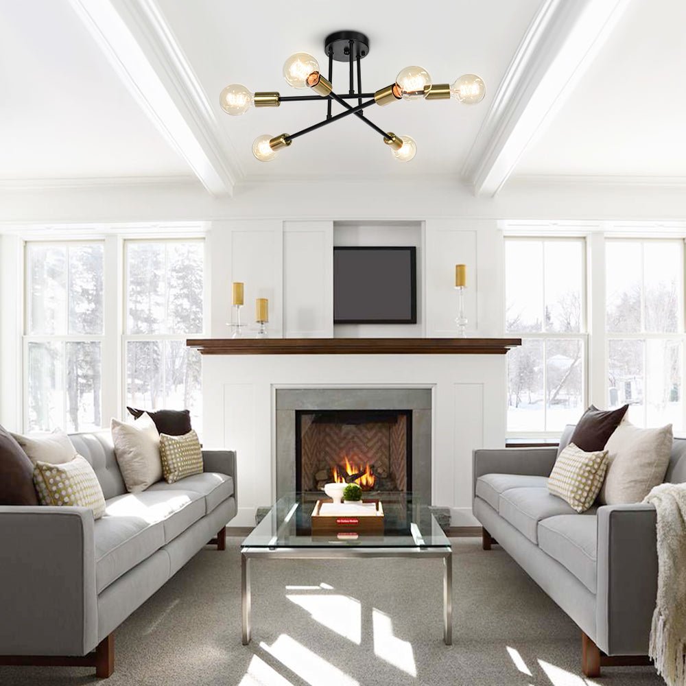 Pendantlightie-Modern Mid-Century 6-Light Sputnik Semi Flush Mount-Semi Flush Mount-Black+Gold-