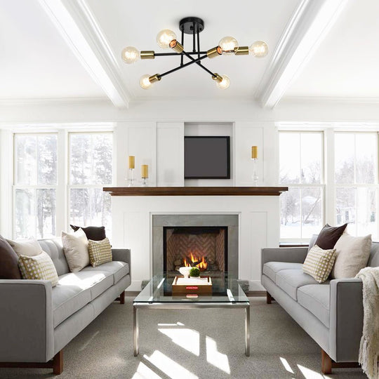 Pendantlightie-Modern Mid-Century 6-Light Sputnik Semi Flush Mount-Semi Flush Mount-Black+Gold-