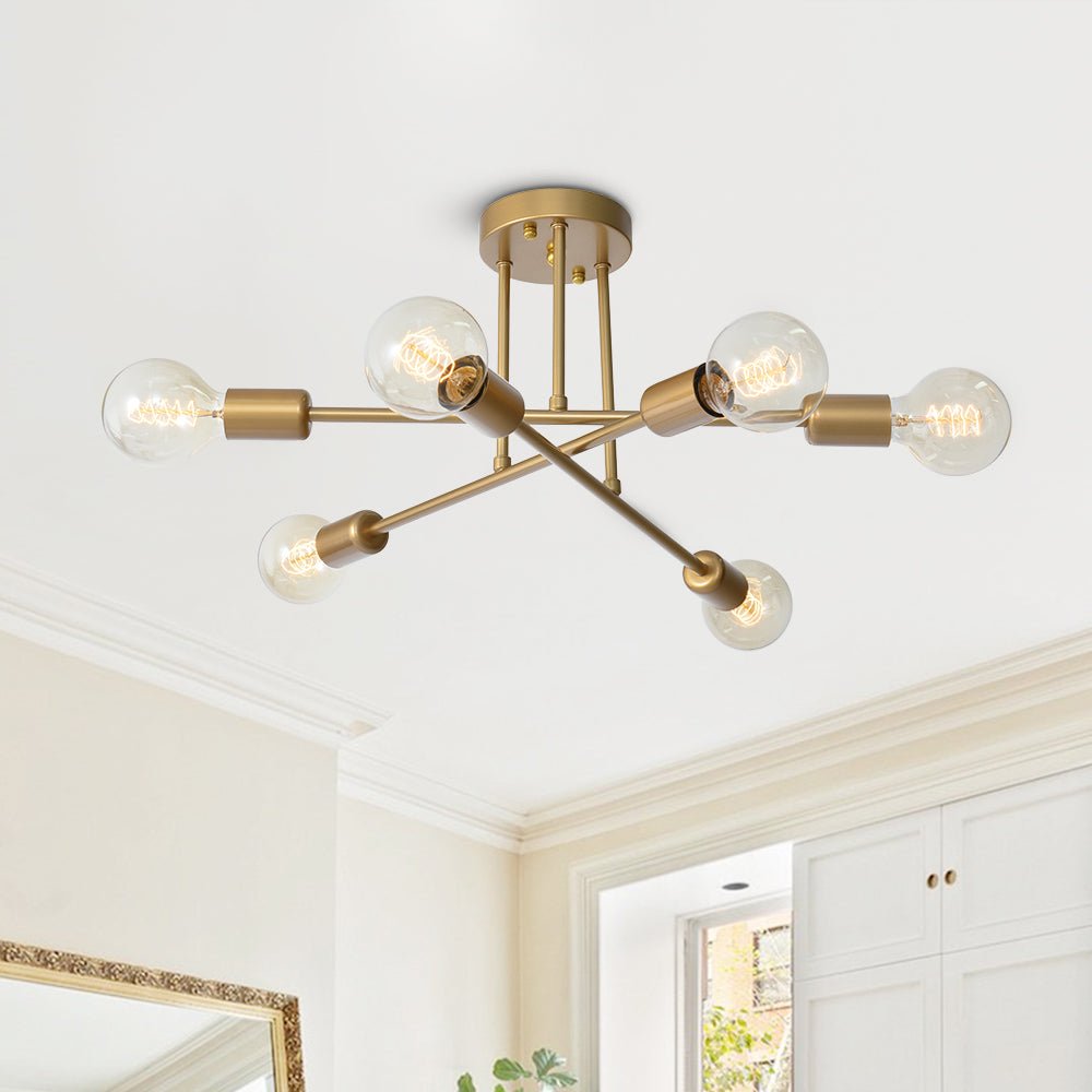 Pendantlightie-Modern Mid-Century 6-Light Sputnik Semi Flush Mount-Semi Flush Mount-Gold-