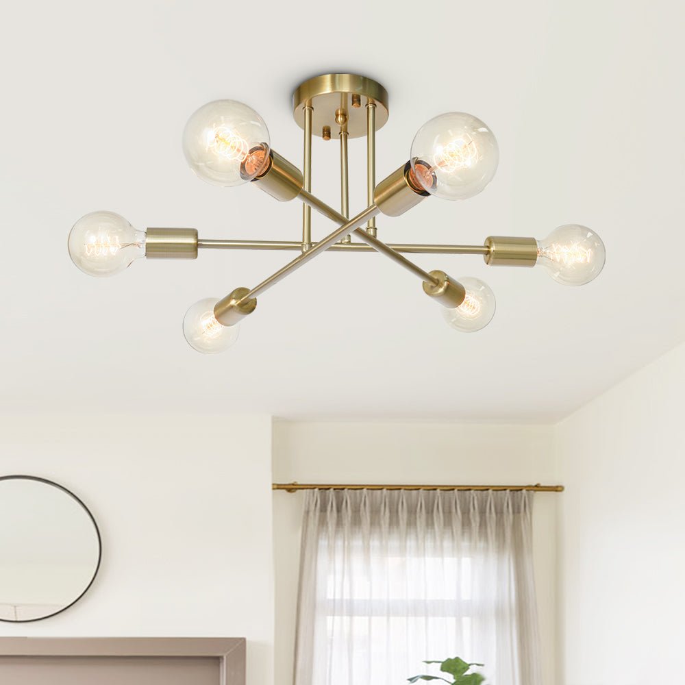Pendantlightie-Modern Mid-Century 6-Light Sputnik Semi Flush Mount-Semi Flush Mount-Gold-