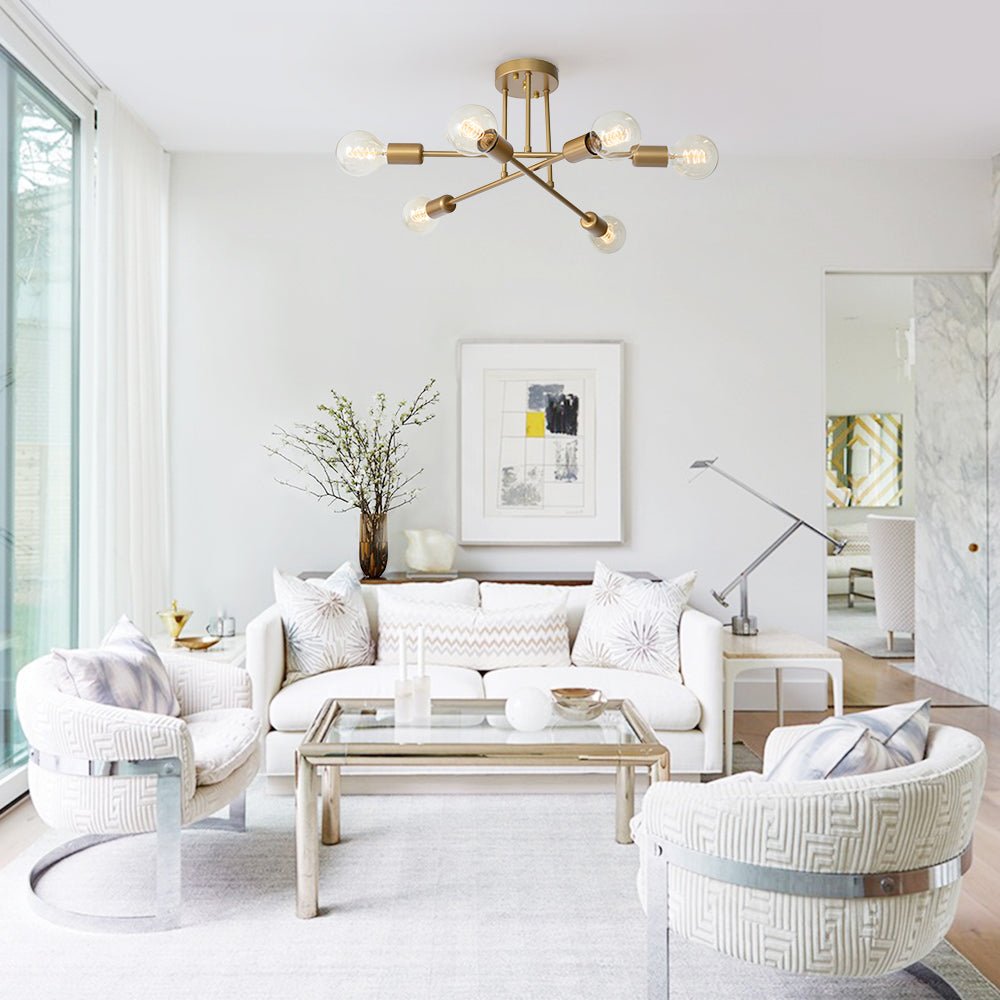 Pendantlightie-Modern Mid-Century 6-Light Sputnik Semi Flush Mount-Semi Flush Mount-Gold-