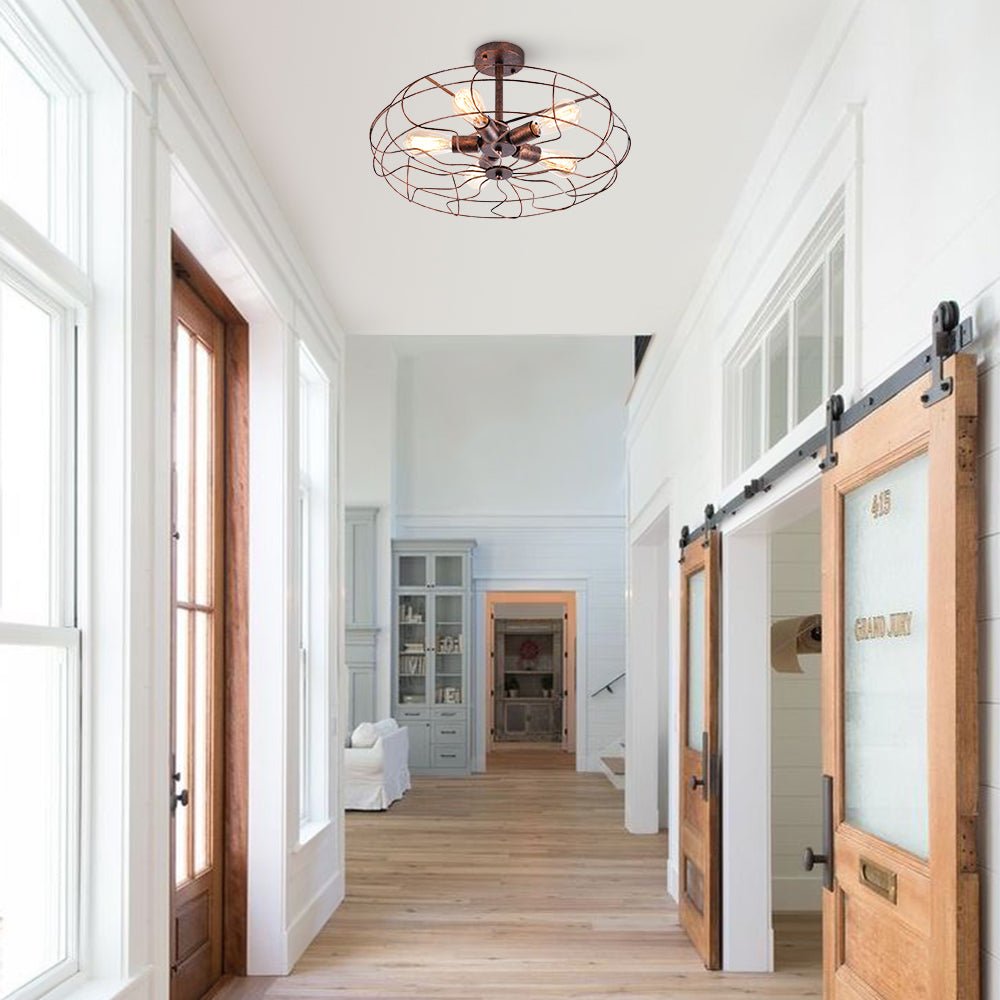 Pendantlightie-Rustic 5-Light Cage Geometric Semi Flush Mount-Semi Flush Mount-Black-