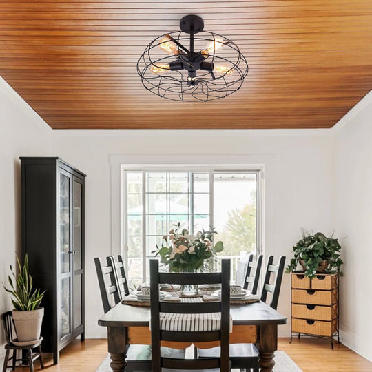 Pendantlightie-Rustic 5-Light Cage Geometric Semi Flush Mount-Semi Flush Mount-Black-