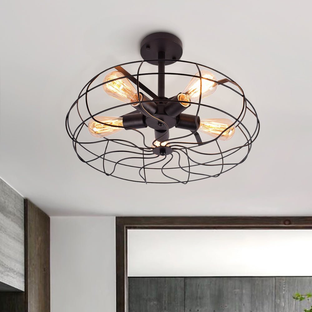 Pendantlightie-Rustic 5-Light Cage Geometric Semi Flush Mount-Semi Flush Mount-Black-