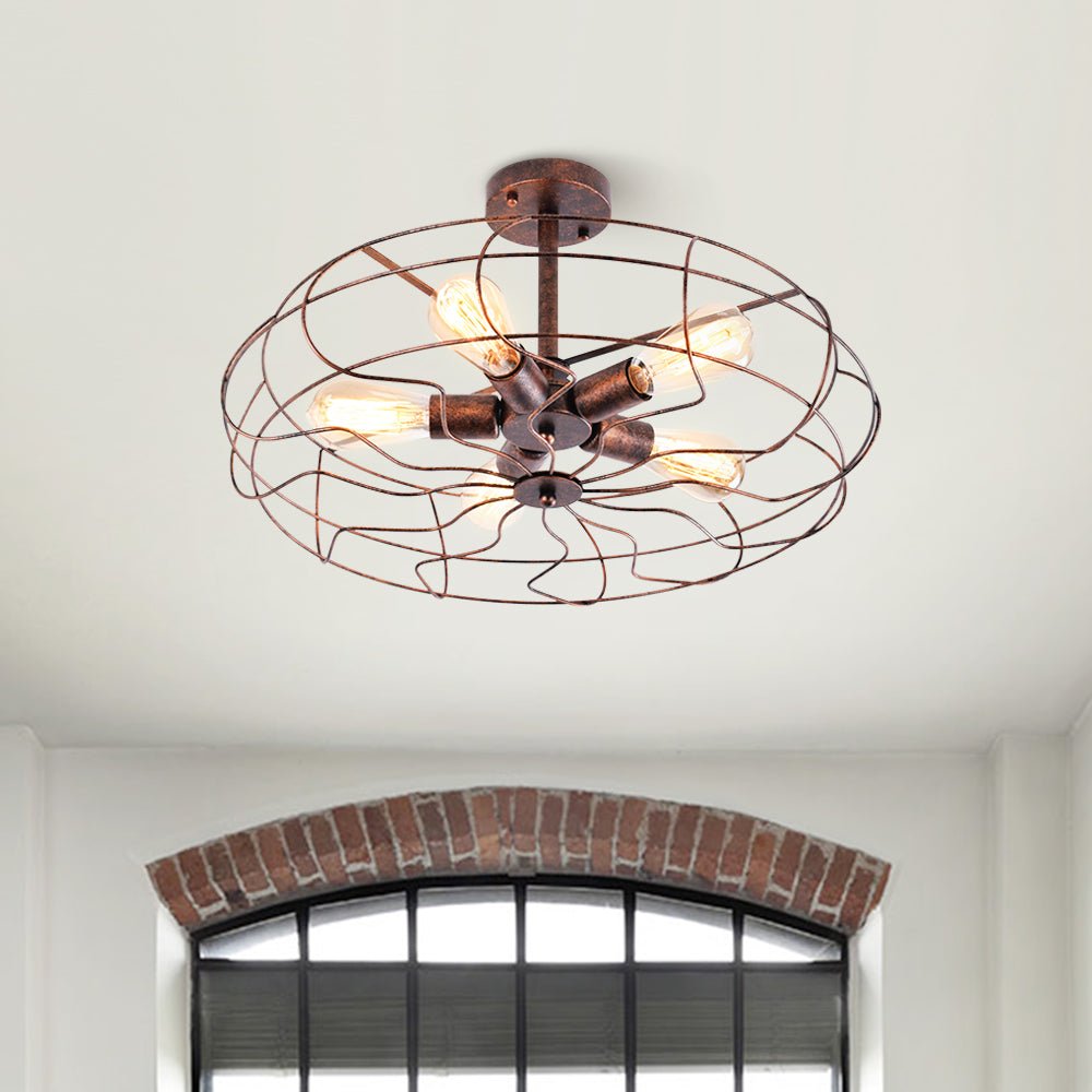 Pendantlightie-Rustic 5-Light Cage Geometric Semi Flush Mount-Semi Flush Mount-Rusty-