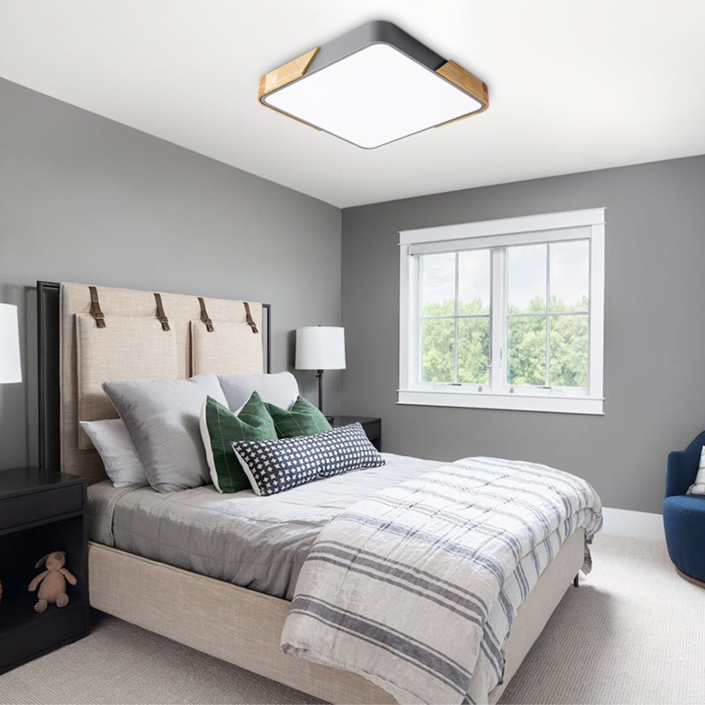 Pendantlightie-Square Dimmable Led Flush Mount With Wood Accent-Flush Mount-White-