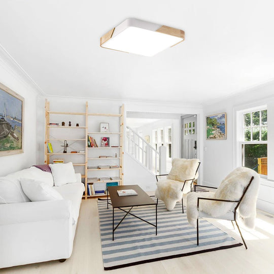 Pendantlightie-Square Dimmable Led Flush Mount With Wood Accent-Flush Mount-White-