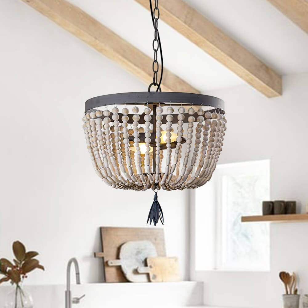 Pendantlightie-Two-Light Wood Bead Chandelier-Chandeliers--