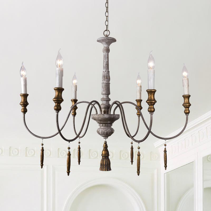 Pendantlightie-Vintage 6-Light Wood French Chandelier-Chandeliers--