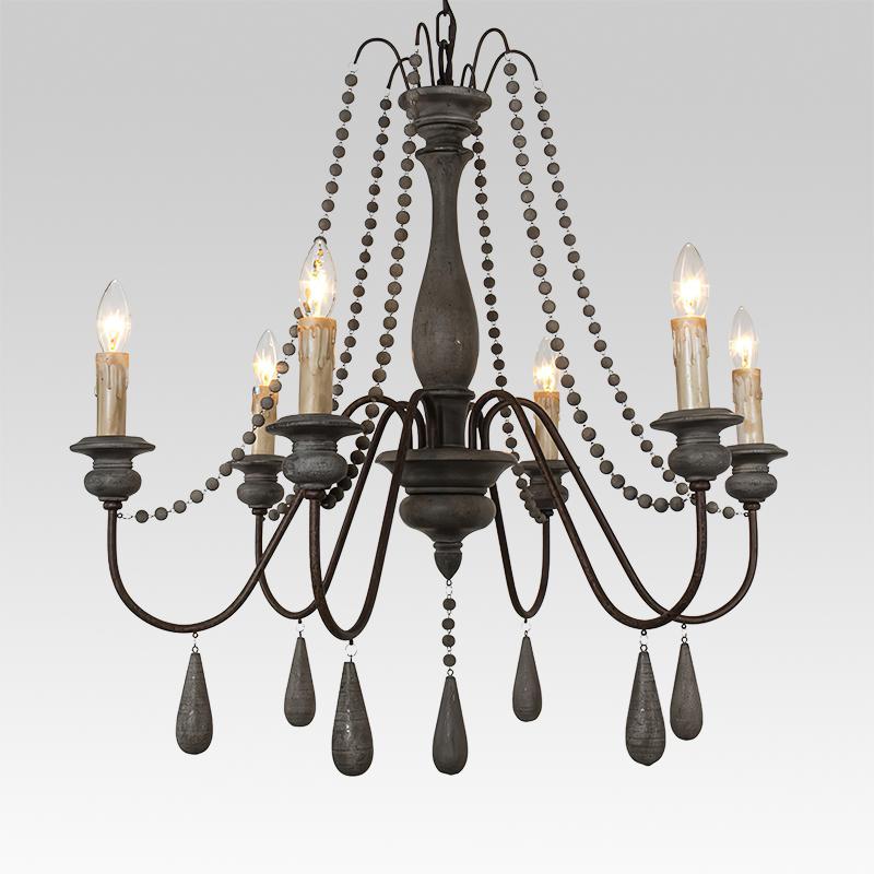 Pendantlightie-Wooden Beads 6-Light Candle Chandelier-Chandeliers-Gray-