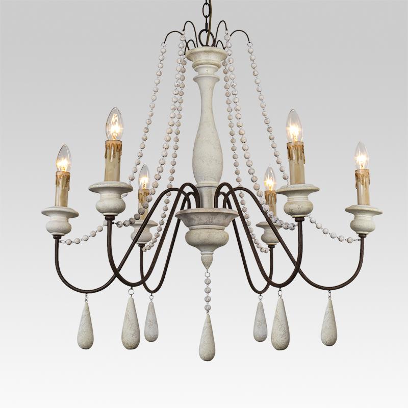 Pendantlightie-Wooden Beads 6-Light Candle Chandelier-Chandeliers-White-
