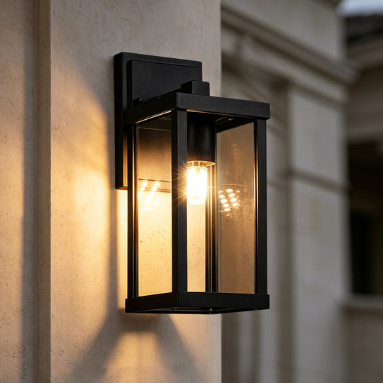 1-Light Clear Glass Industrial Rectangle Black Outdoor Wall Light