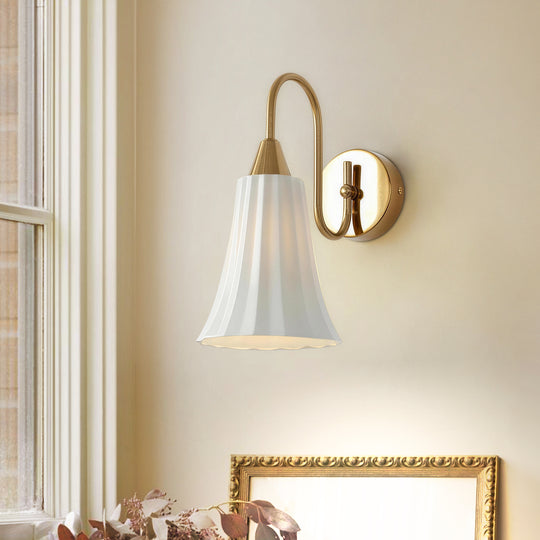 1-Light Gooseneck Bell French Vintage Ceramic Pleated Wall Lamp
