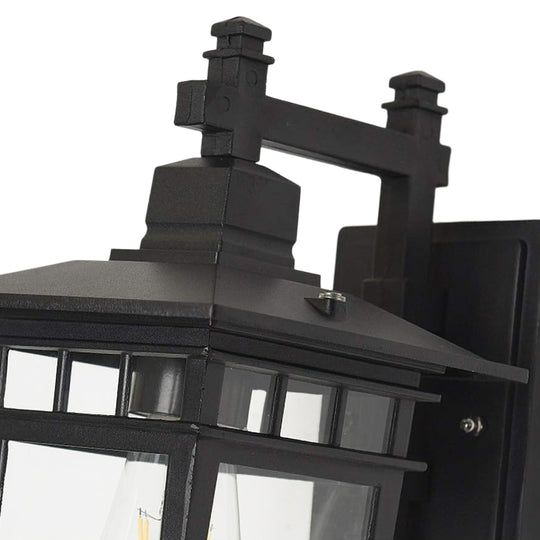 1-Light IP65 Black Classic Lantern Outdoor Wall Sconce Clear Glass