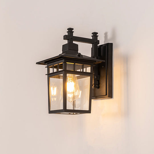 1-Light IP65 Black Classic Lantern Outdoor Wall Sconce Clear Glass