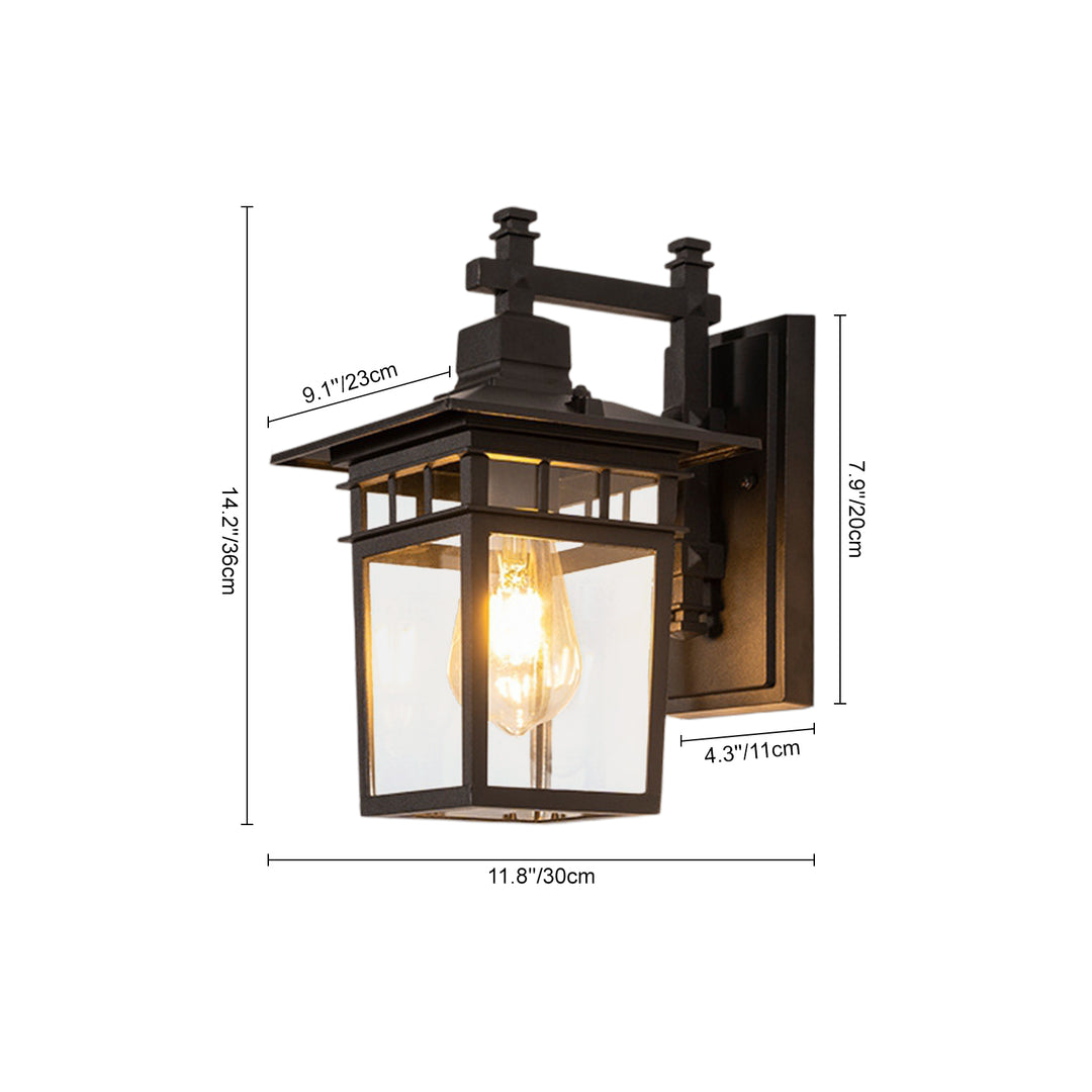 1-Light IP65 Black Classic Lantern Outdoor Wall Sconce Clear Glass