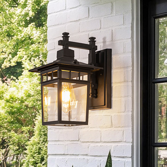 1-Light IP65 Black Classic Lantern Outdoor Wall Sconce Clear Glass