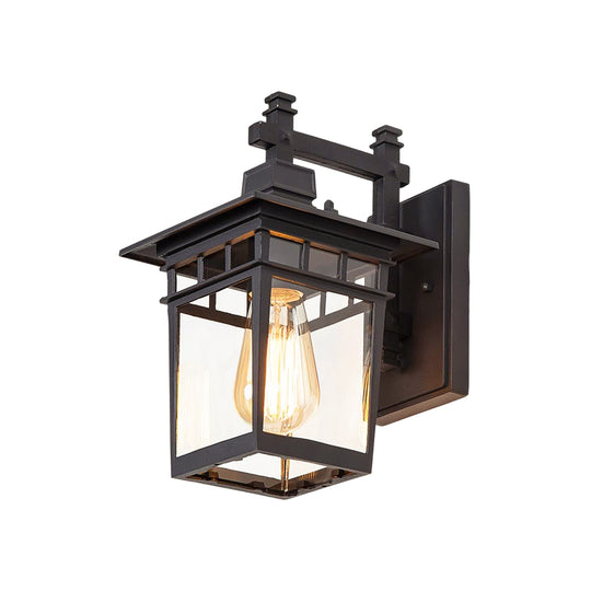 1-Light IP65 Black Classic Lantern Outdoor Wall Sconce Clear Glass
