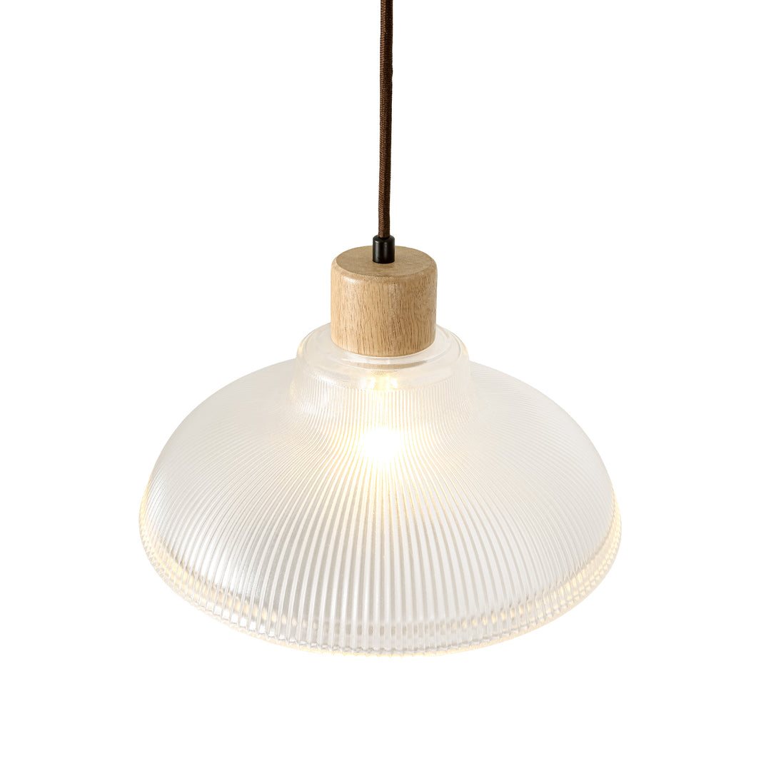 1-Light Wood Accents Wide Edge Ribbed Dome Shape Glass Pendant Light
