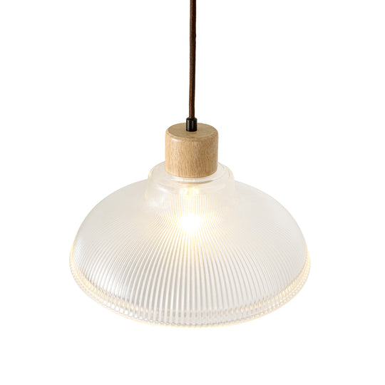 1-Light Wood Accents Wide Edge Ribbed Dome Shape Glass Pendant Light