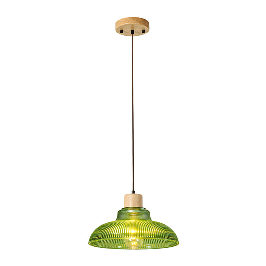 1-Light Wood Accents Wide Edge Ribbed Dome Shape Glass Pendant Light
