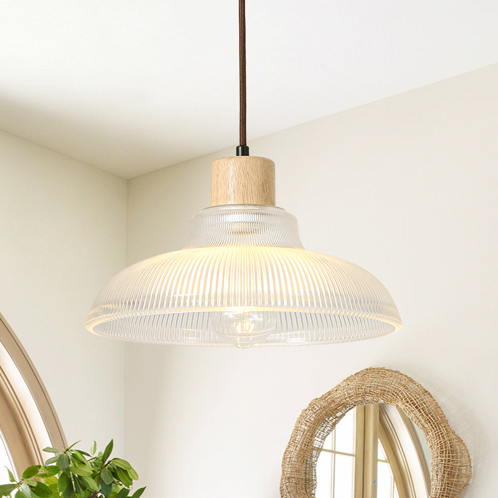 1-Light Wood Accents Wide Edge Ribbed Dome Shape Glass Pendant Light