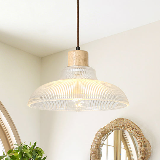 1-Light Wood Accents Wide Edge Ribbed Dome Shape Glass Pendant Light