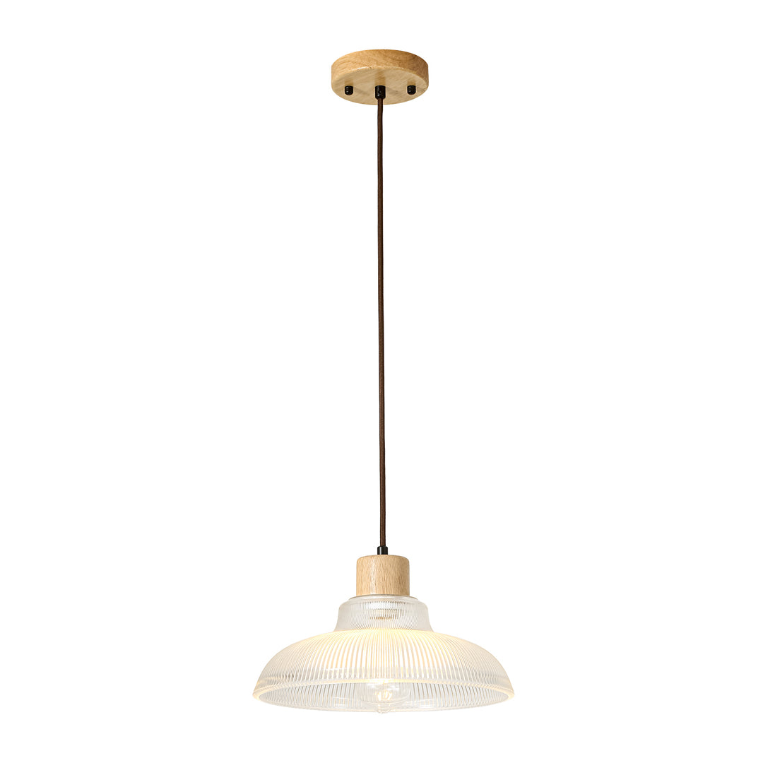 1-Light Wood Accents Wide Edge Ribbed Dome Shape Glass Pendant Light