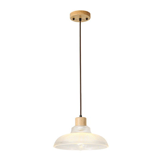 1-Light Wood Accents Wide Edge Ribbed Dome Shape Glass Pendant Light