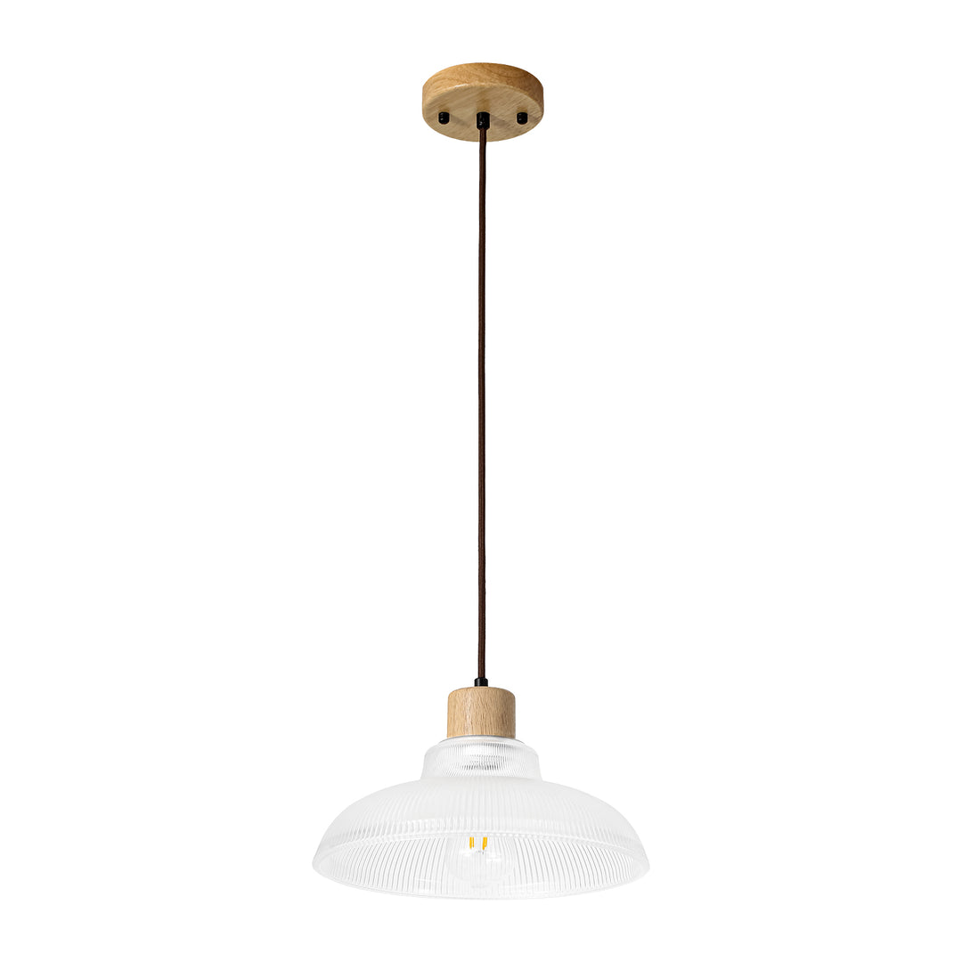 1-Light Wood Accents Wide Edge Ribbed Dome Shape Glass Pendant Light