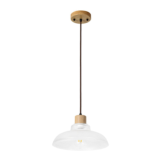 1-Light Wood Accents Wide Edge Ribbed Dome Shape Glass Pendant Light