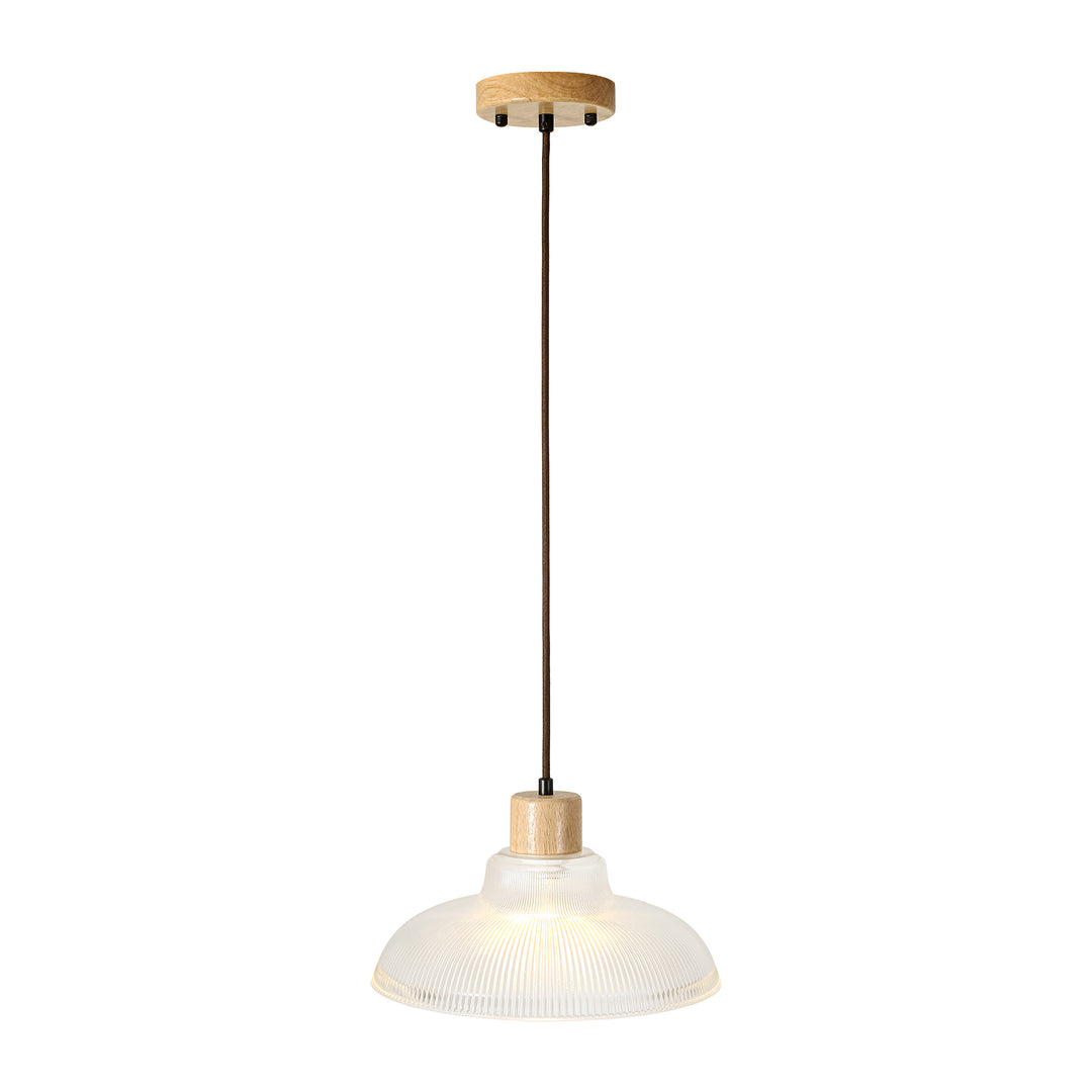 1-Light Wood Accents Wide Edge Ribbed Dome Shape Glass Pendant Light