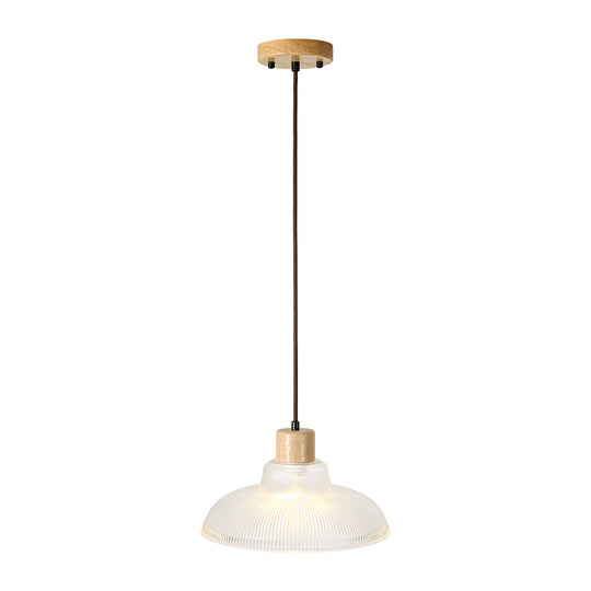 1-Light Wood Accents Wide Edge Ribbed Dome Shape Glass Pendant Light