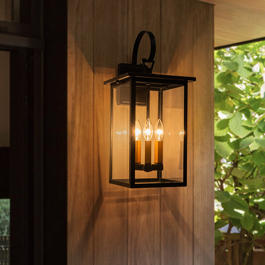 3-Light Black And Gold Waterproof Rectangular Glass Outdoor Wall Light